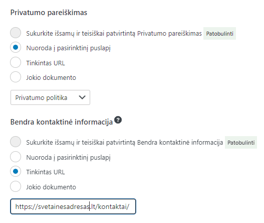 2023 03 Privatumo politikos ir kontaktu puslapio nustatymas