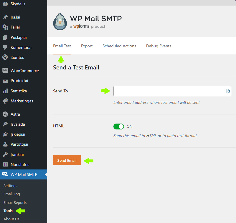 2023 03 WP Mail SMTP testinio laisko siuntimas