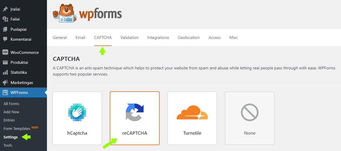 2023 03 WPForms reCaptcha nustatymu langas