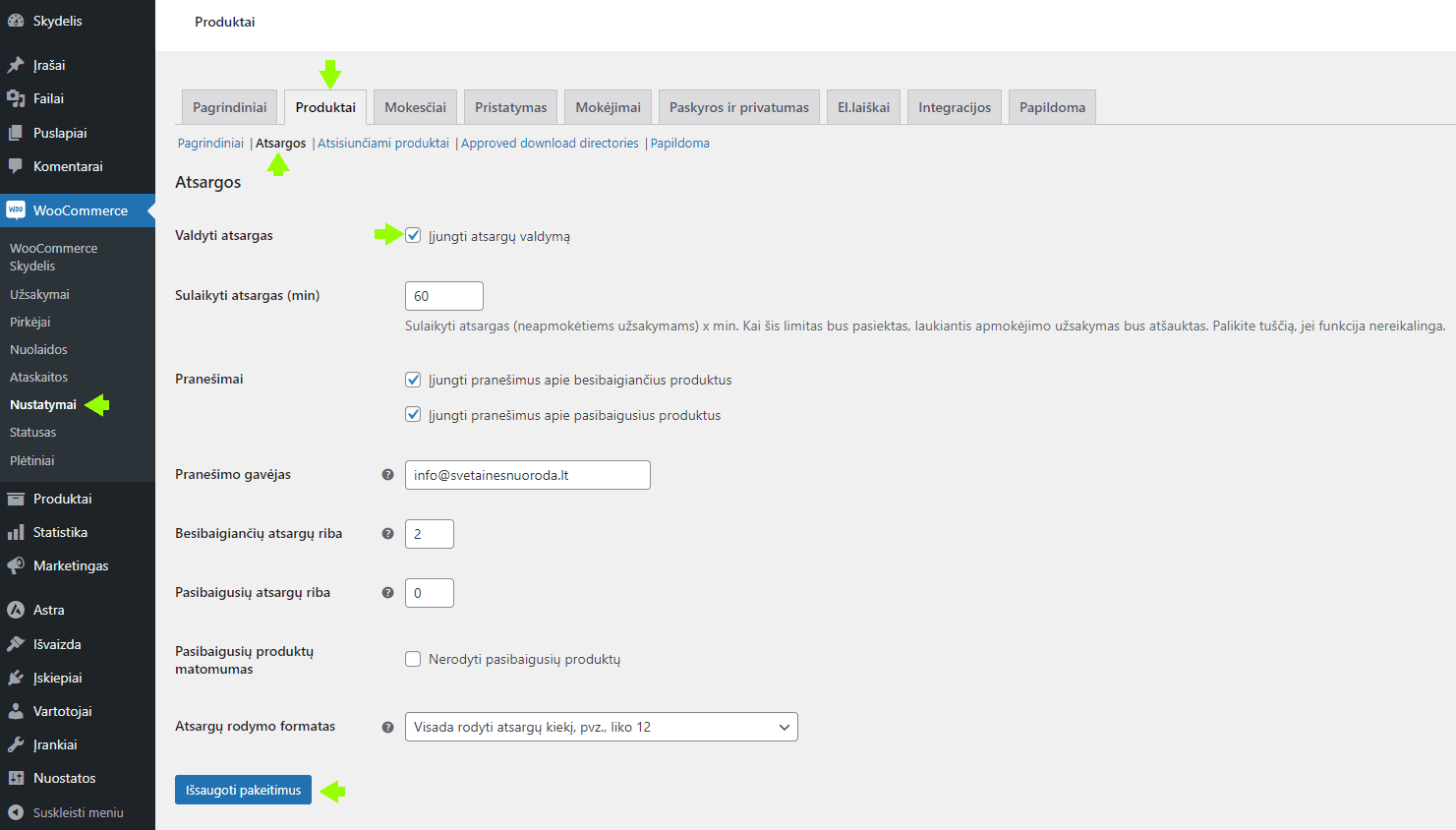 2023 03 WooCommerce atsargu valdymo nustatymai